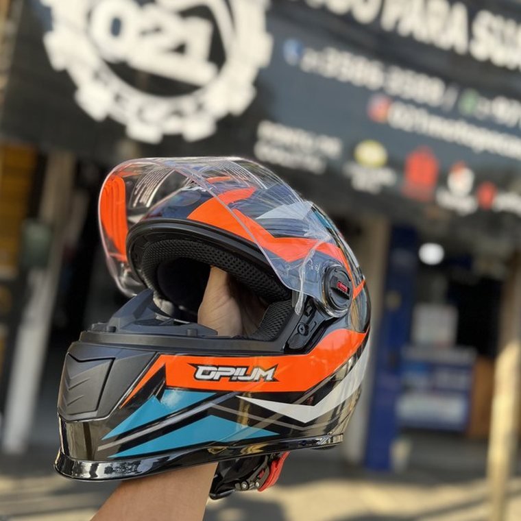Capacete Opium Racing, cor Preto/Laranja, linha Opium — 021 Moto Peças Vargem Pequena RJ
